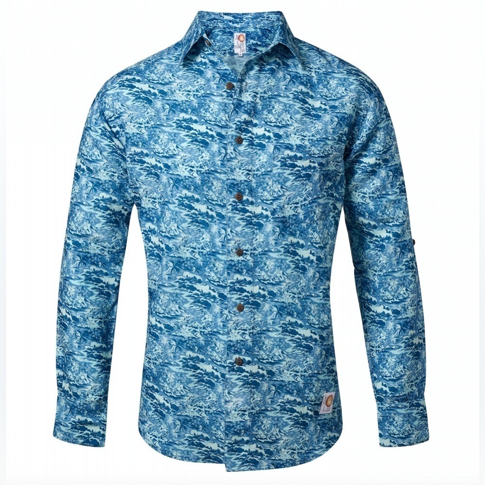 Aloha Marina Lanikai Cotton Linen Hawaiian Print Long Sleeve Button Down Shirt